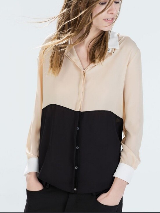 Zara Tops - ZARA BASIC Colorblock Button-Front Blouse in Beige & Black, White Collar & Cuffs